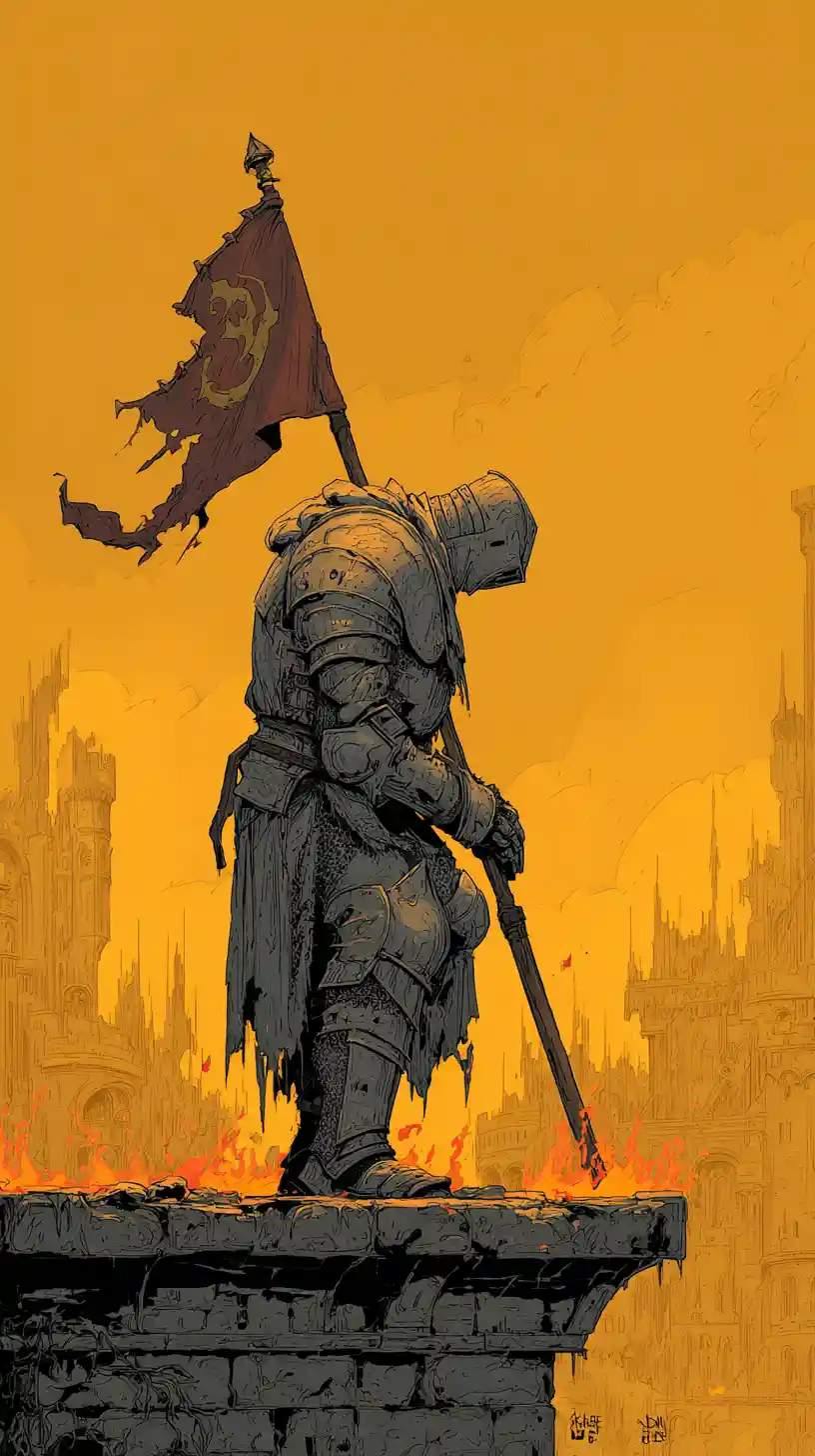 Armored paladin with burning flag on ruined fortress wall