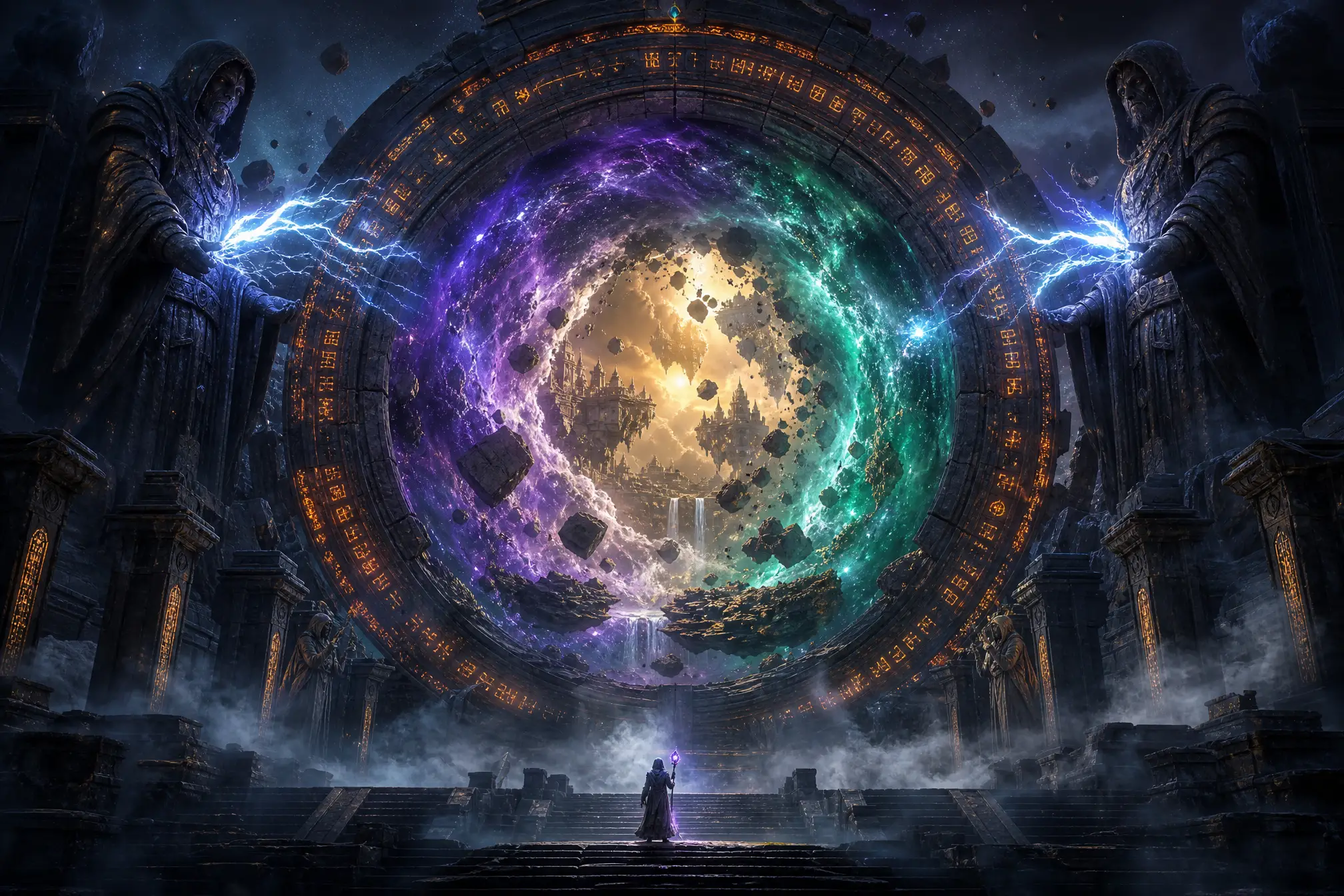 Monumental Rune Portal Revealing A Floating Island Realm
