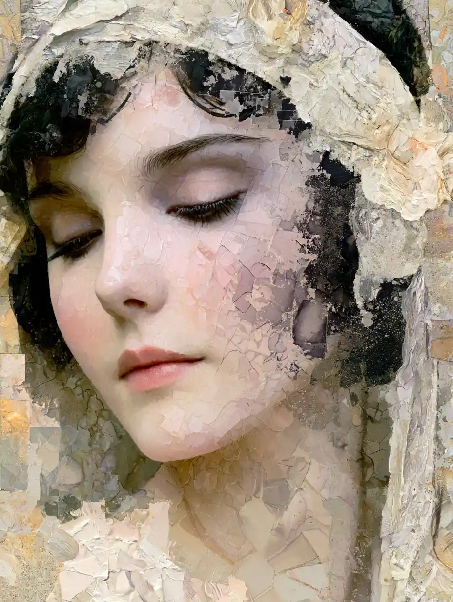 Whimsical mixed media portrait of a woman in abstract gold