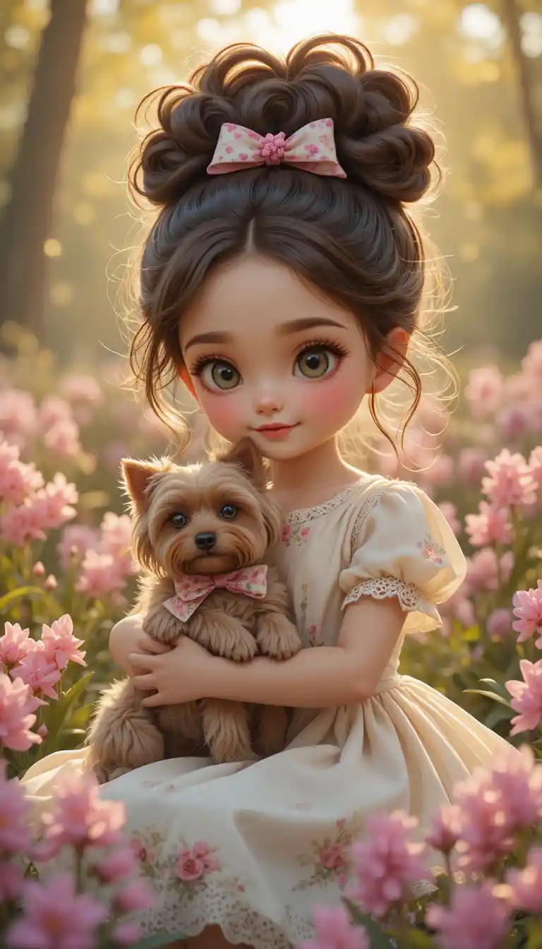 Little girl hugging a yorkshire terrier in flower garden