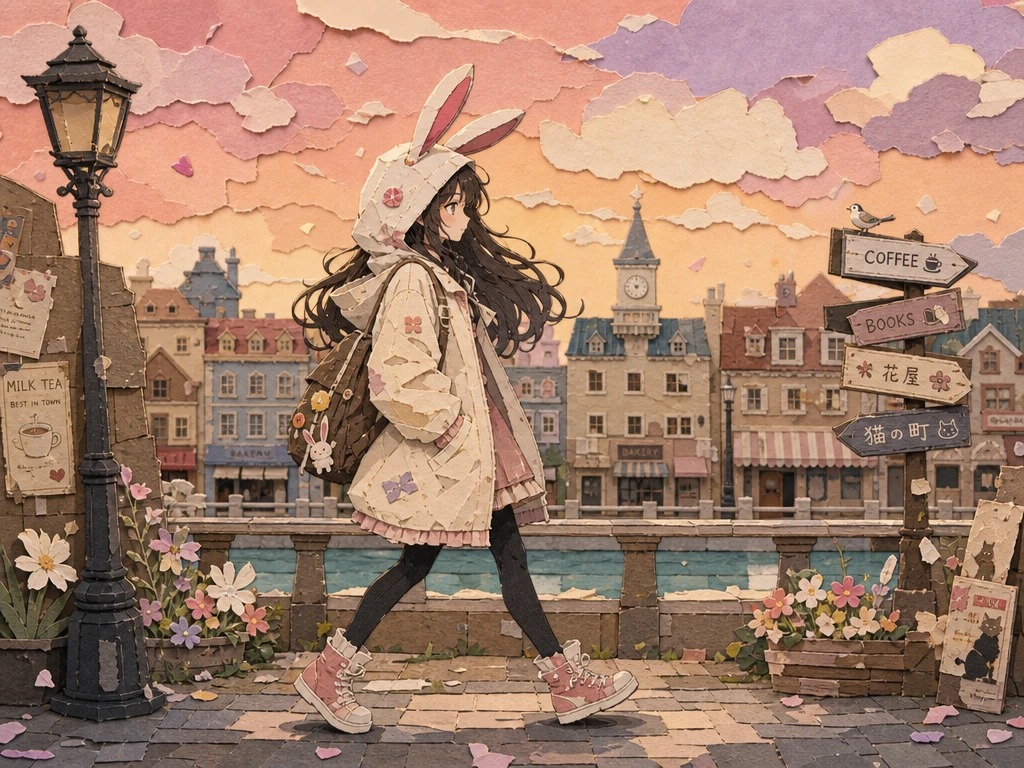 パステル紙コラージュの世界を歩くアニメ女性