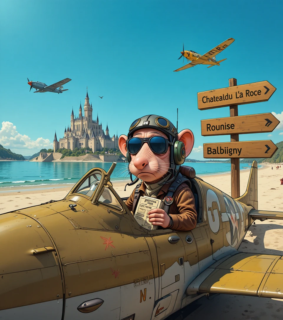 Anthropomorphic rat pilot in a vintage fighter cockpit