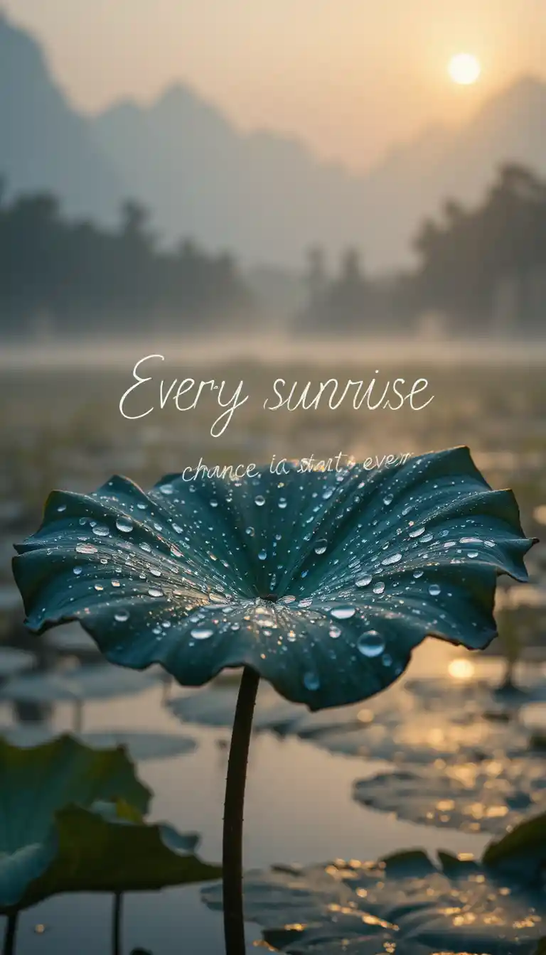 Macro water lily leaf at sunrise over misty lake