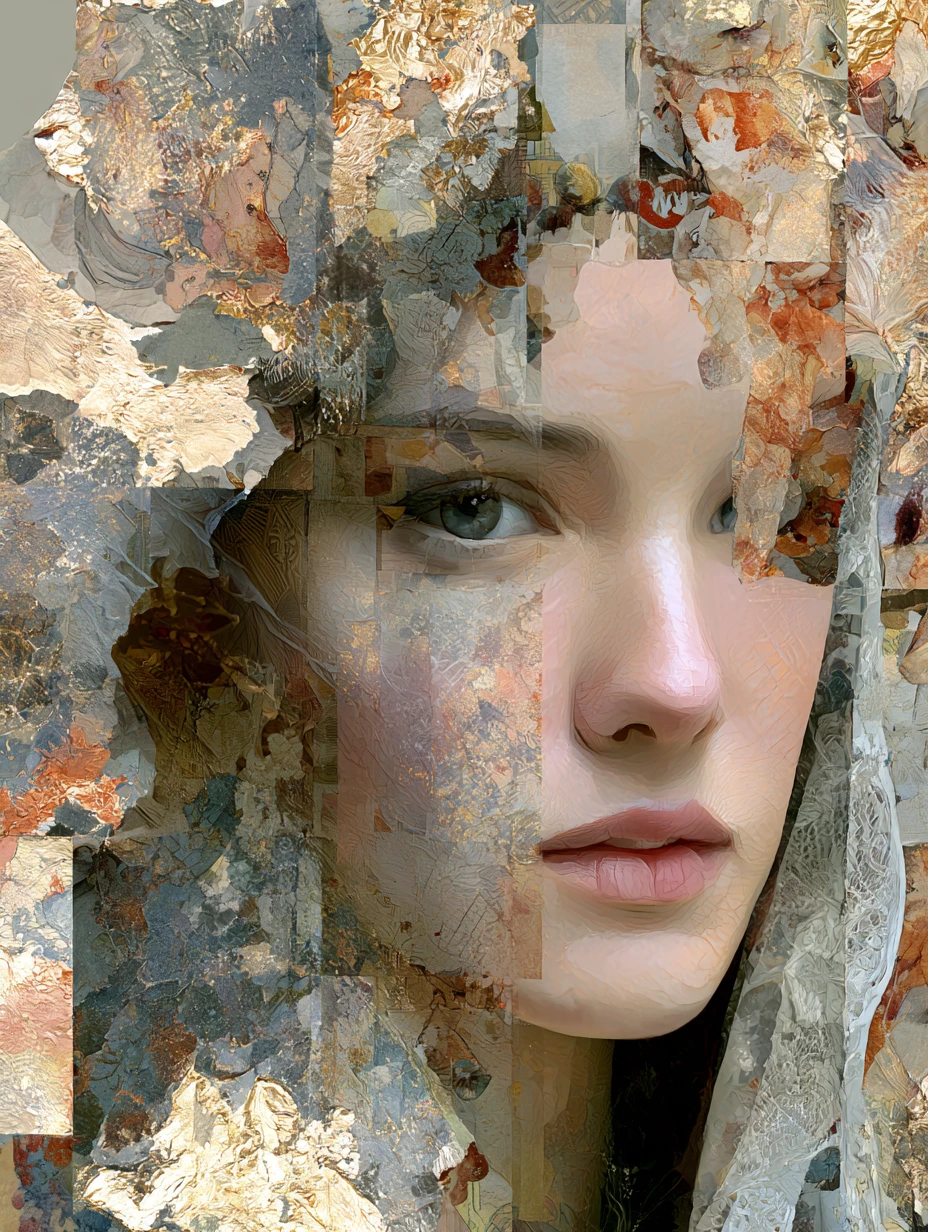 Whimsical woman portrait in gilded art nouveau dreamscape