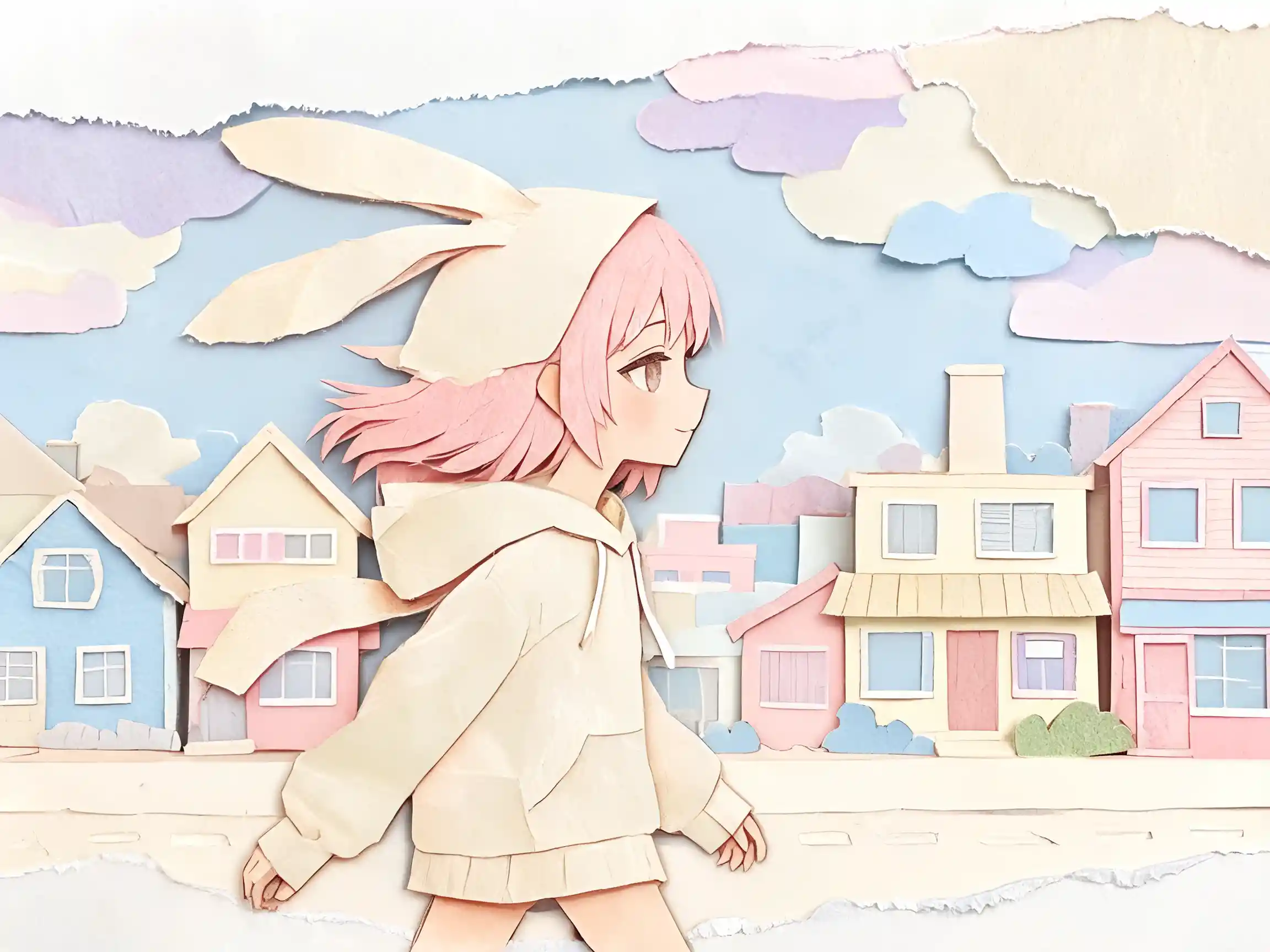 Anime woman walking in a pastel paper collage cityscape