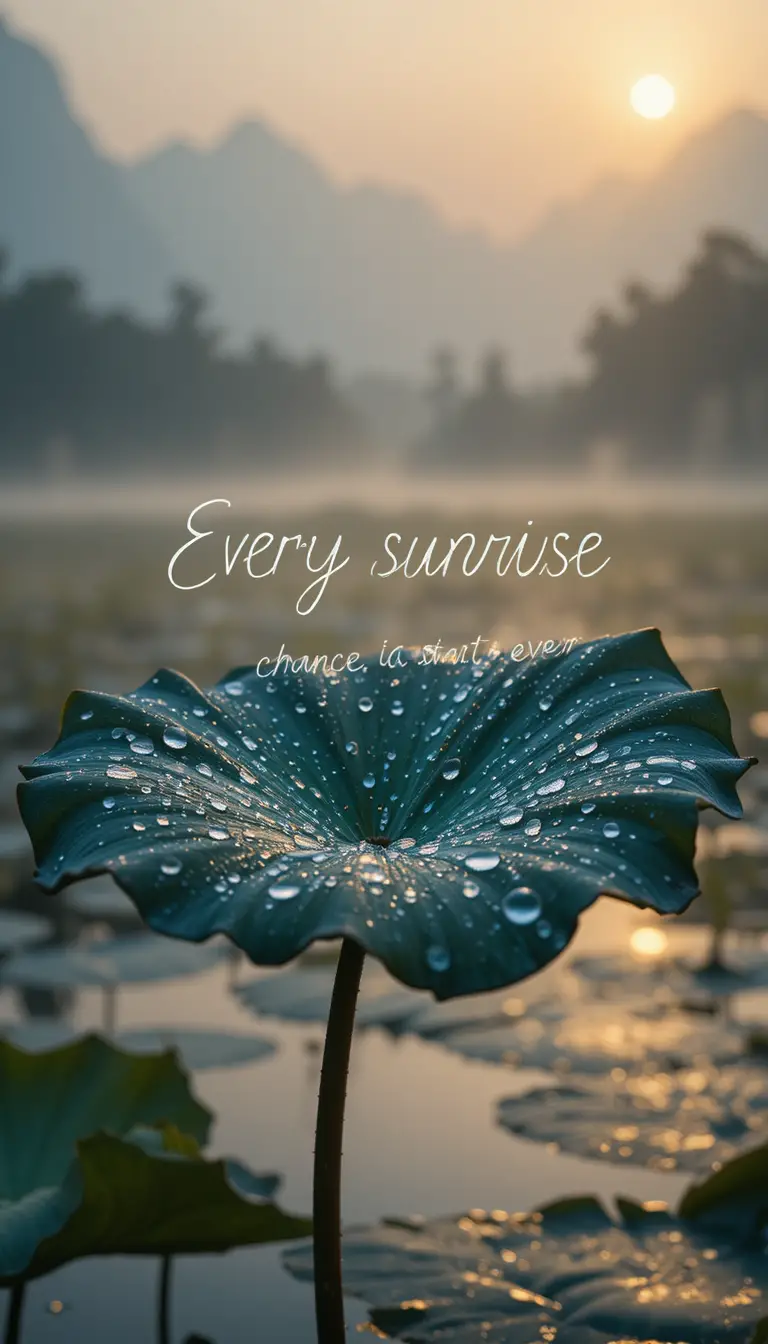 Macro water lily leaf at sunrise over misty lake