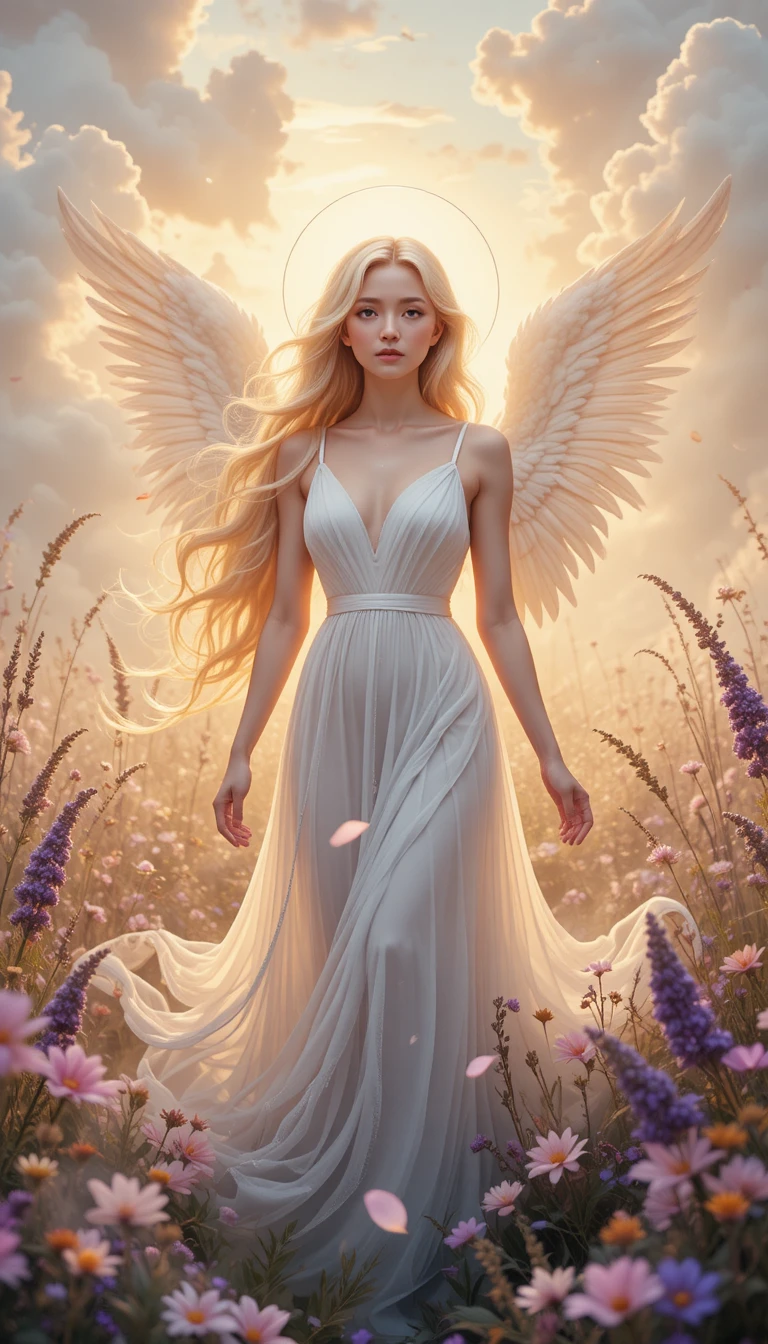 Ethereal angel in a glowing sunset dream meadow