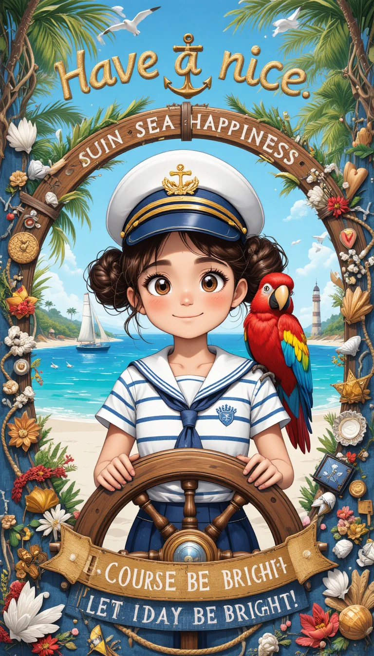 Smiling nautical girl at ship wheel with tropical beach
