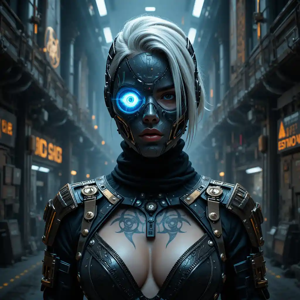 Cyberpunk warrior woman portrait in toxic industrial factory
