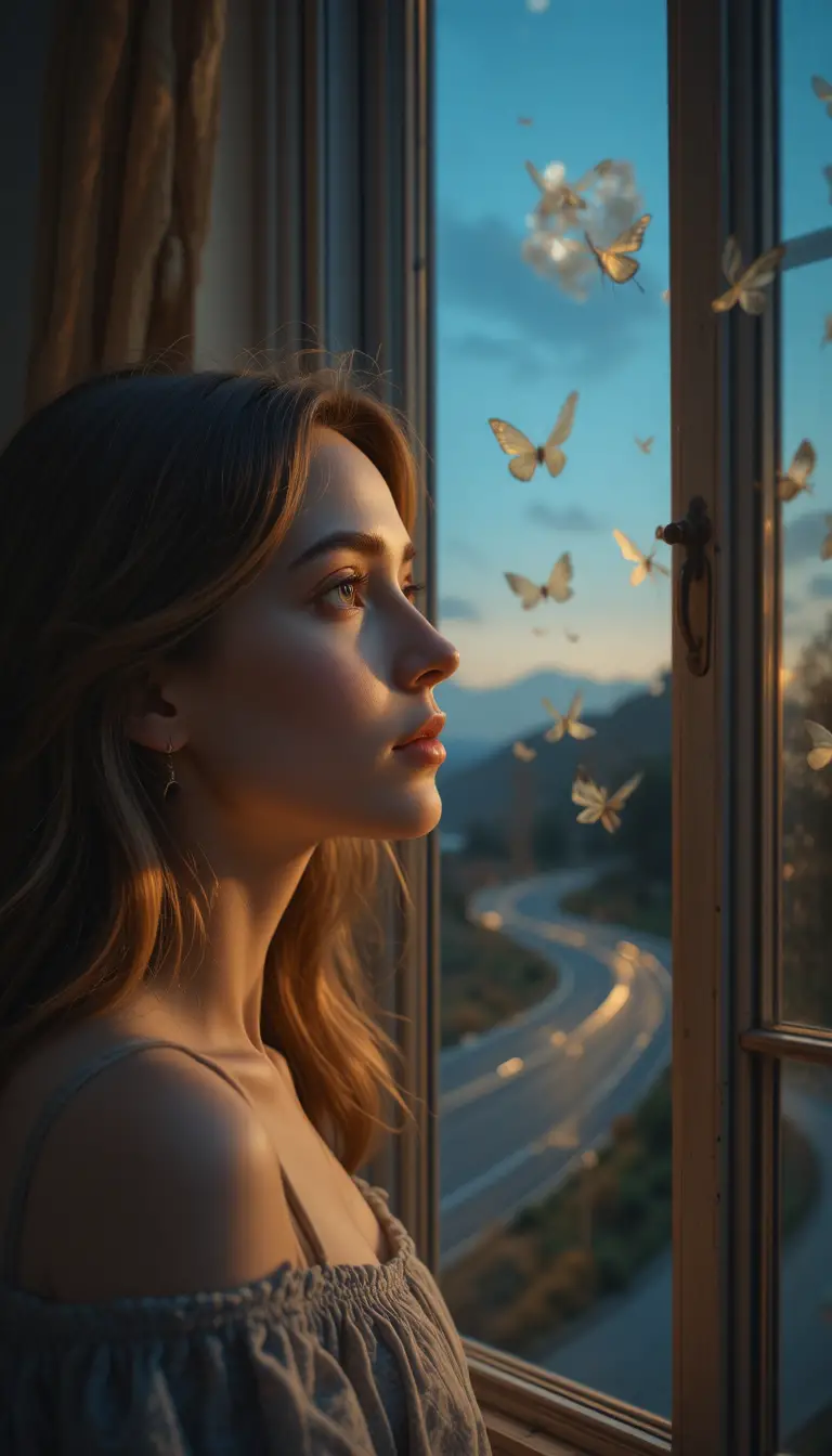 Thoughtful middle aged woman gazing out a twilight window