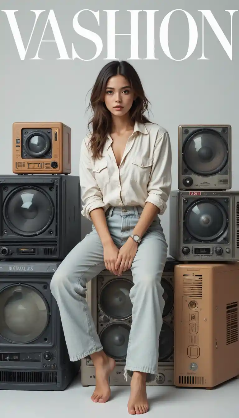 Barefoot woman in white shirt posing on neural network icons