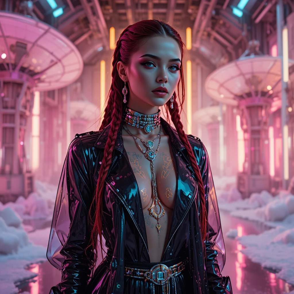 Kybernetische Frau im Neonlabor mit Glitch-Fashion