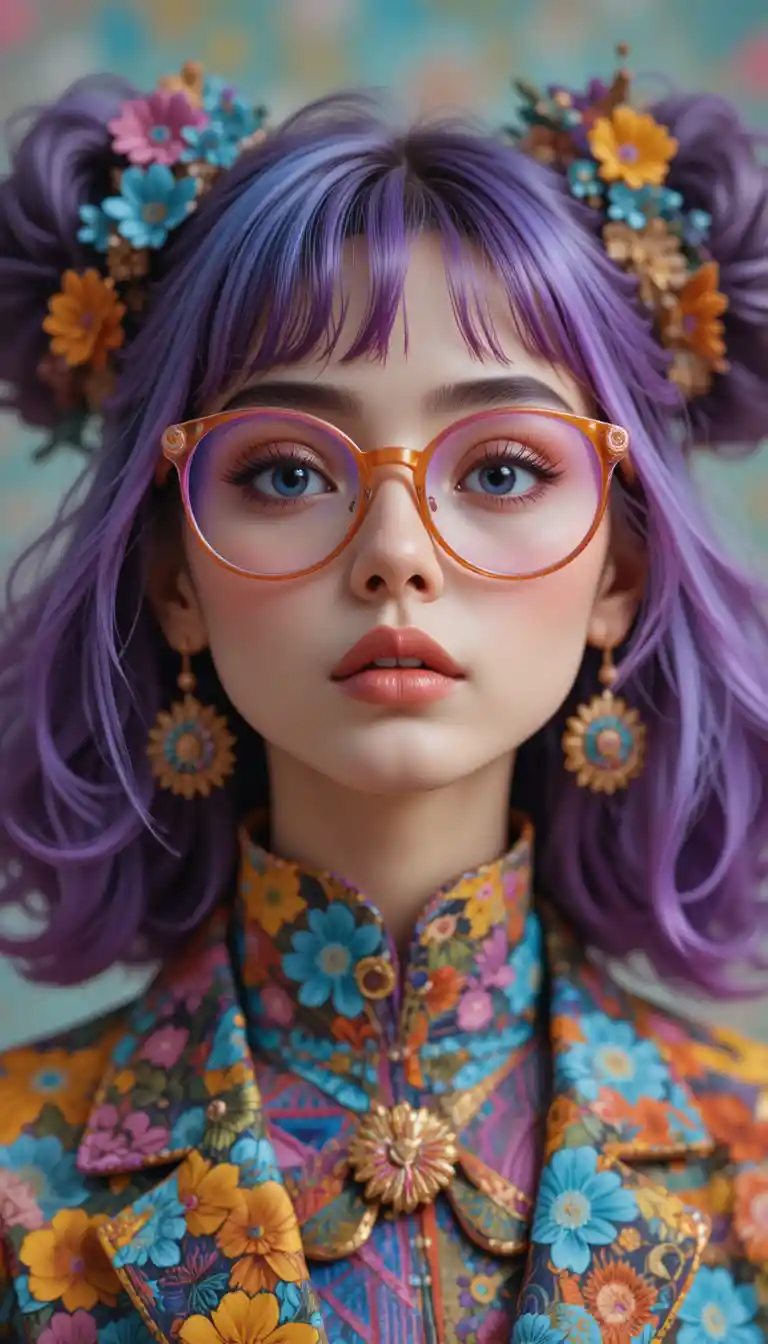 Quirky young woman in vibrant psychedelic fashion portrait