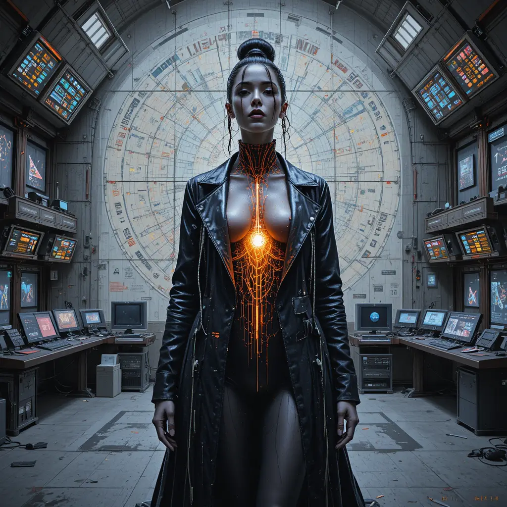 Mural cyberpunk de una mujer con núcleo mecánico brillante