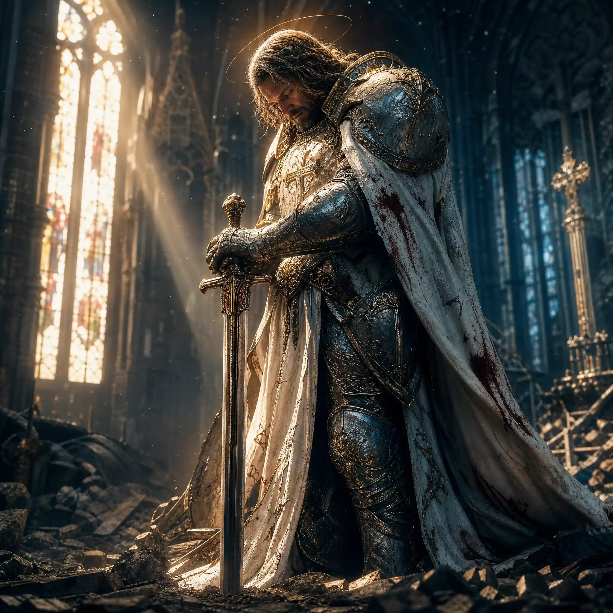 Holy knight in armor standing in a ruined cathedral