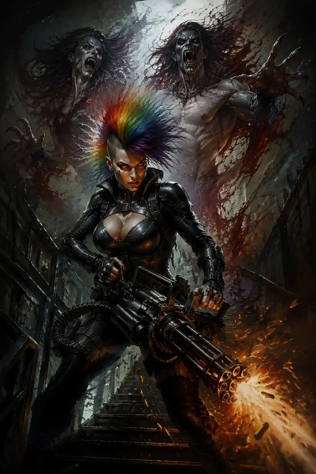 Armored warrior woman firing a chaingun in dark stairwell