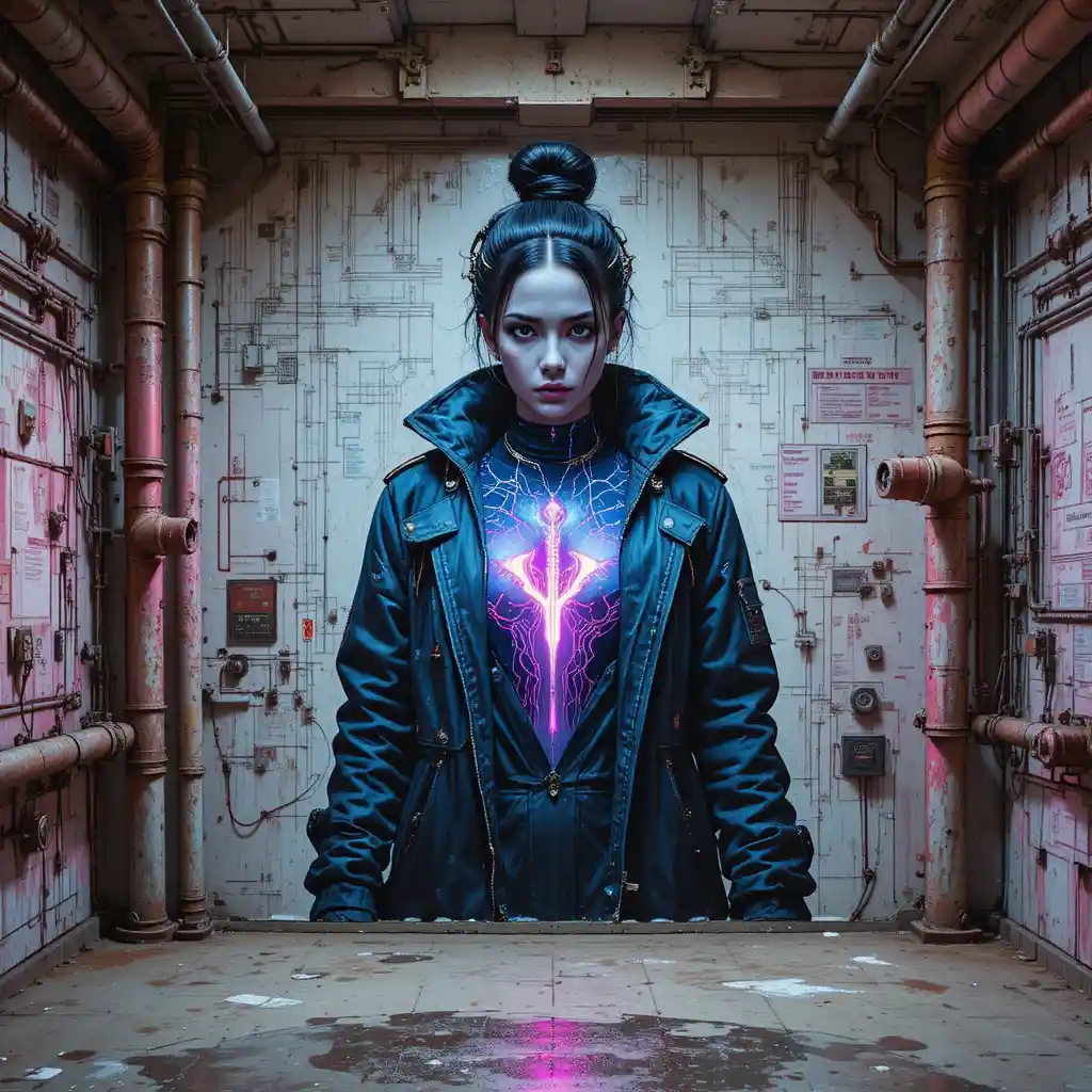 Cyber femme fatale mural in abandoned industrial reactor hall