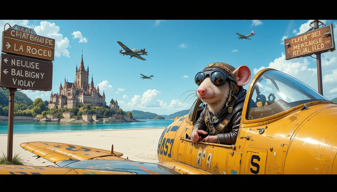 Anthropomorphic rat pilot in a vintage fighter cockpit