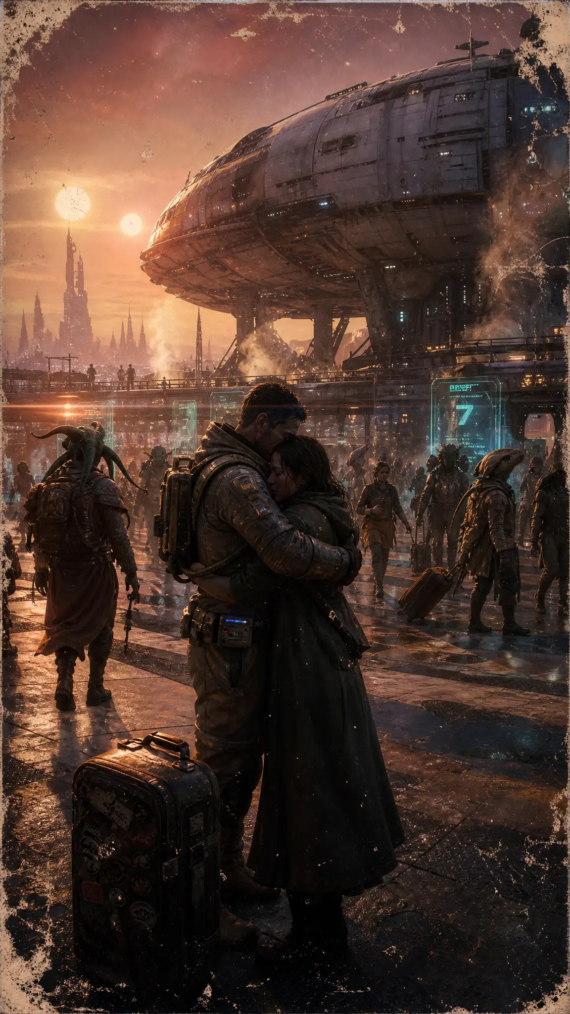 Emotional farewell embrace at a futuristic interstellar spaceport