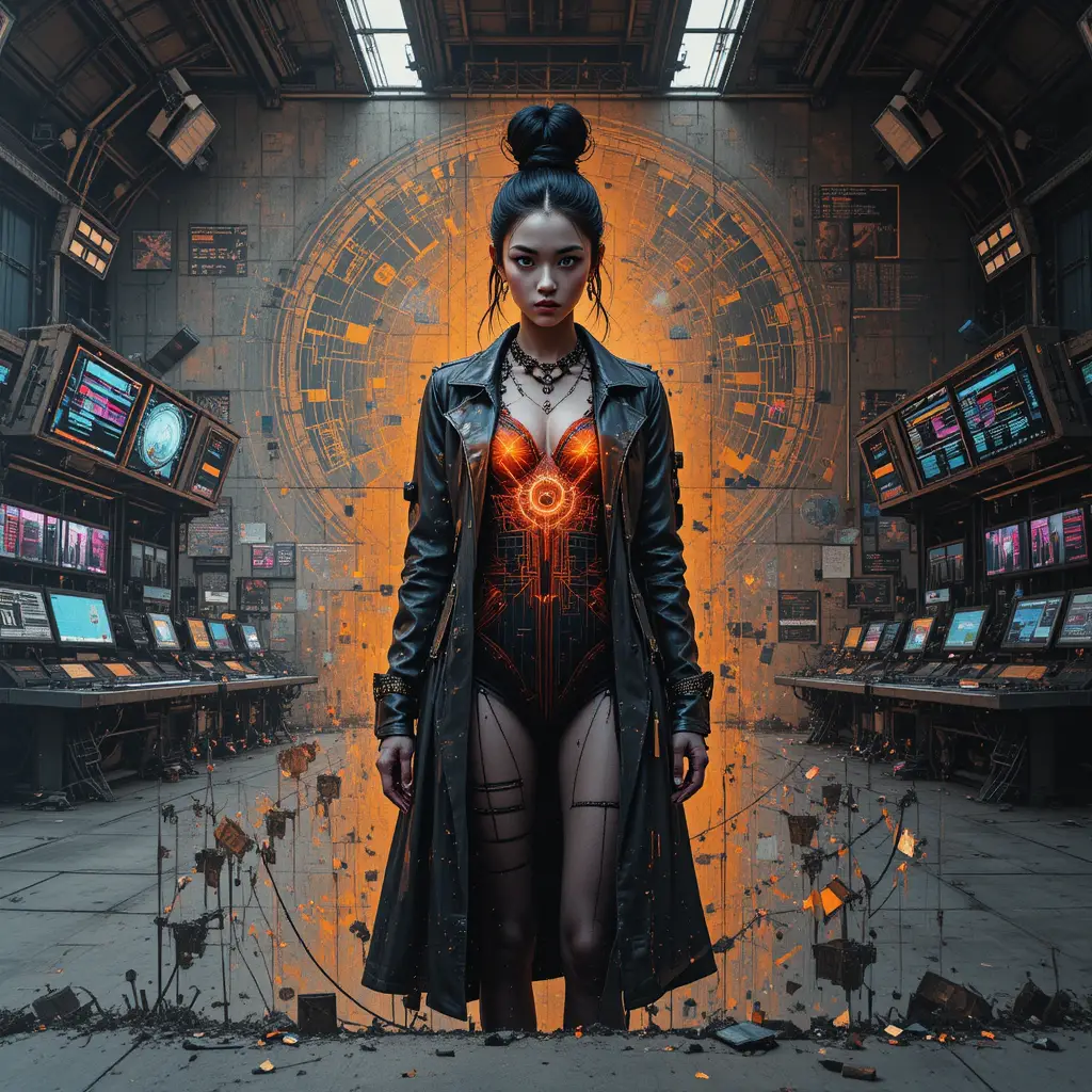Mural de mujer cibernética en interior de centro de mando orbital abandonado
