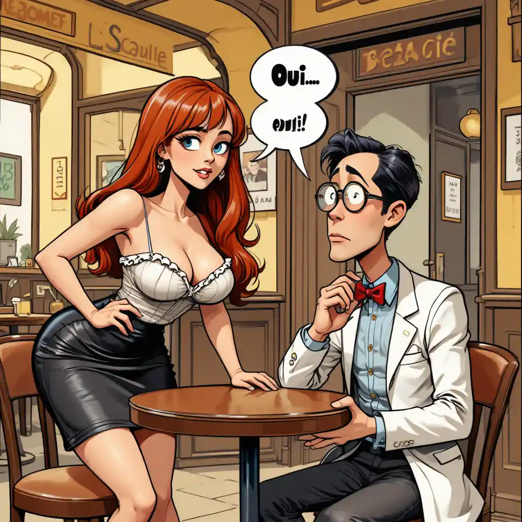 Playful comic scene of a flustered scientist and flirtatious woman