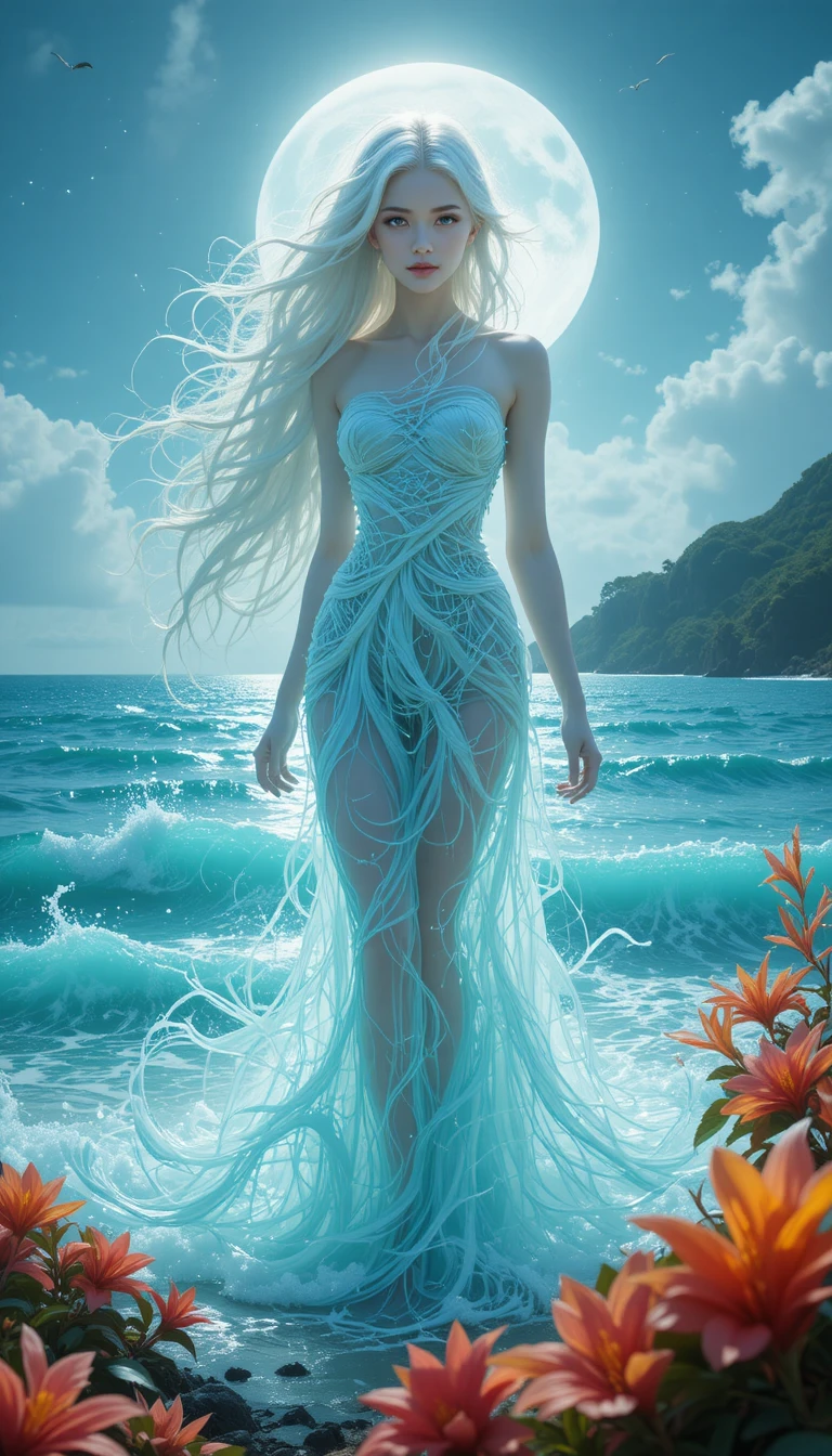 Platinum haired woman standing by a turquoise tropical shore