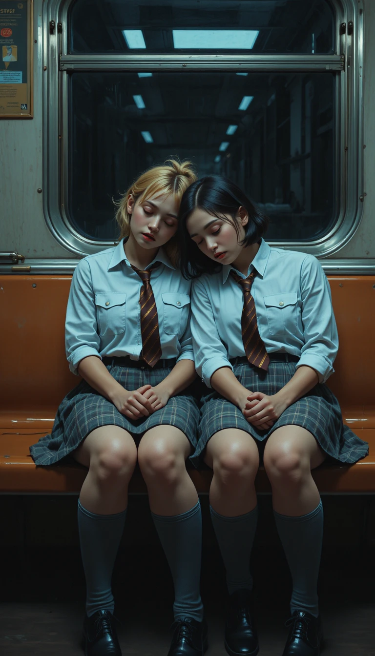 Two schoolgirls sleeping together on a subway bench