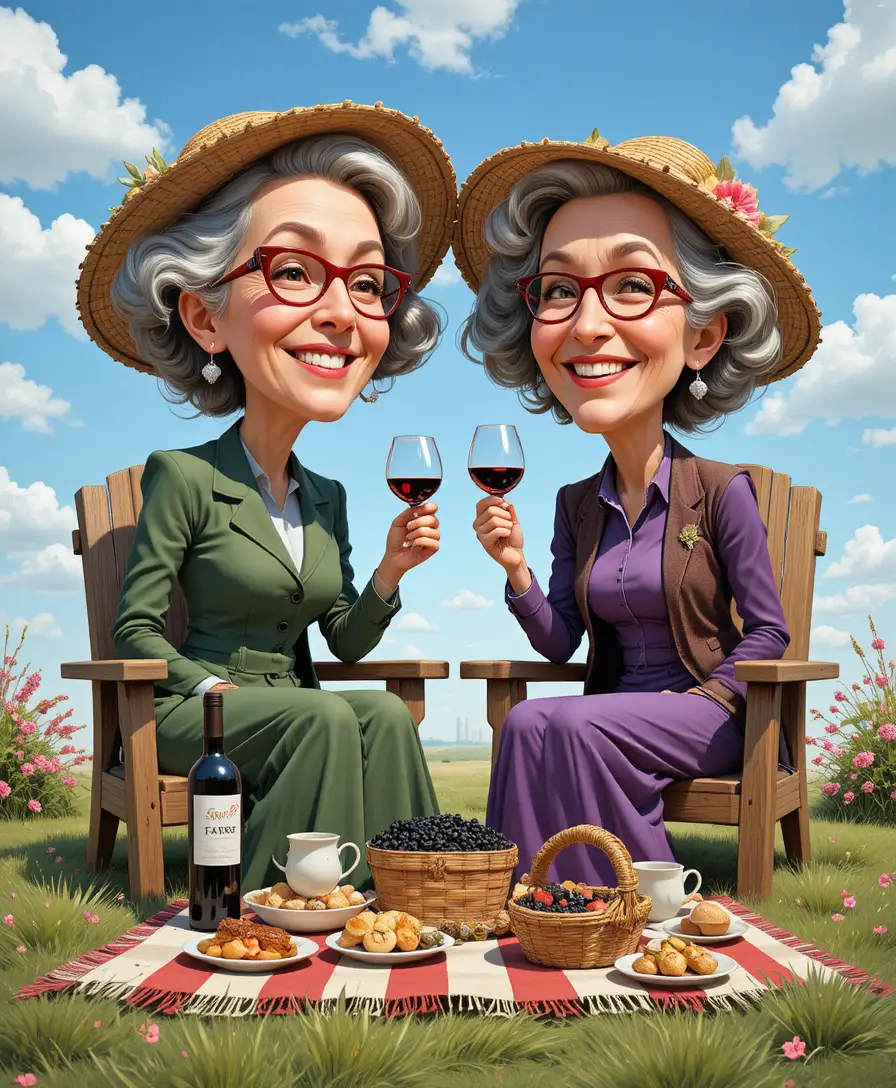 Laughing elderly women sharing wine at sunny picnic