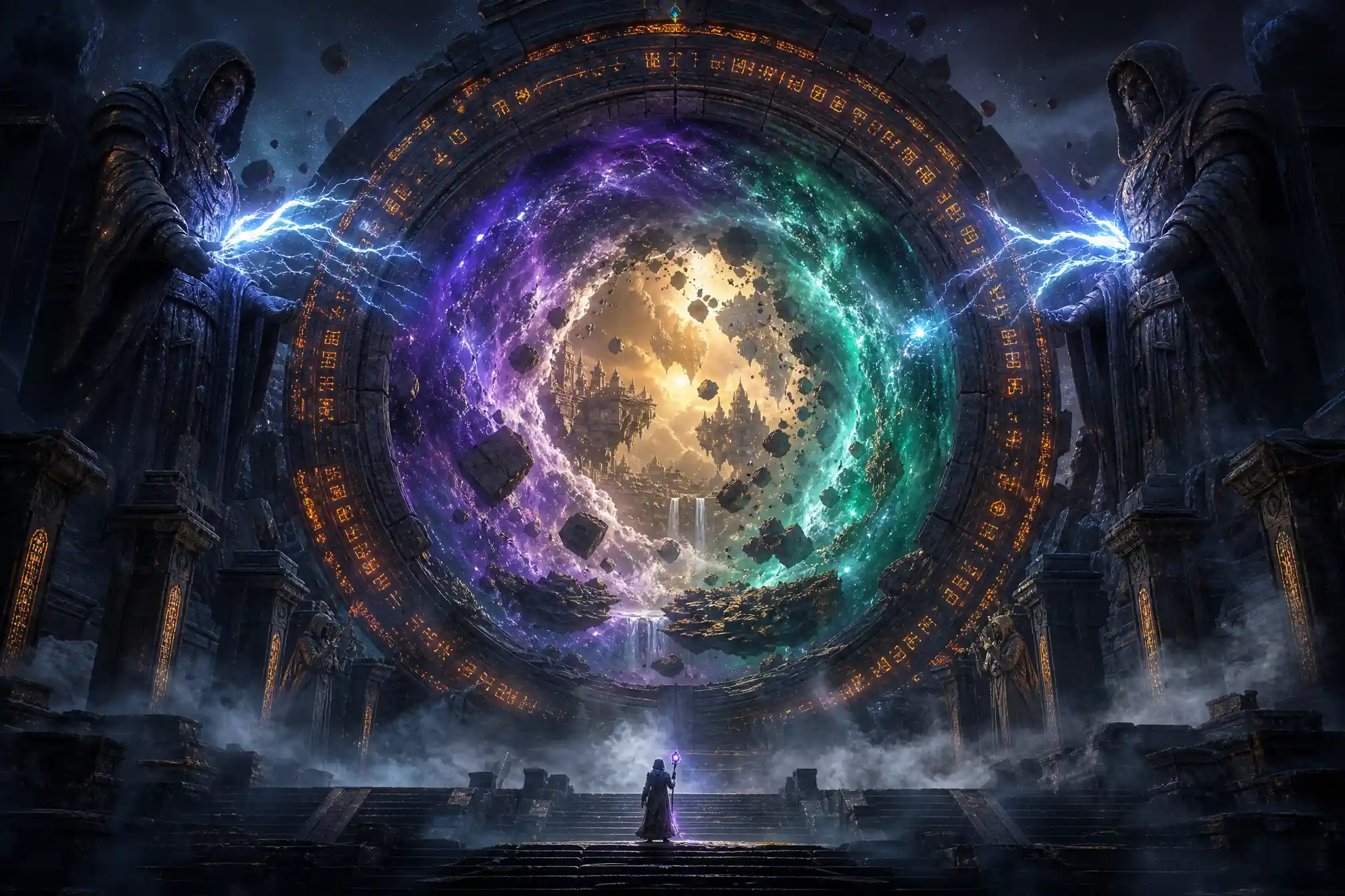 Monumental Rune Portal Revealing A Floating Island Realm