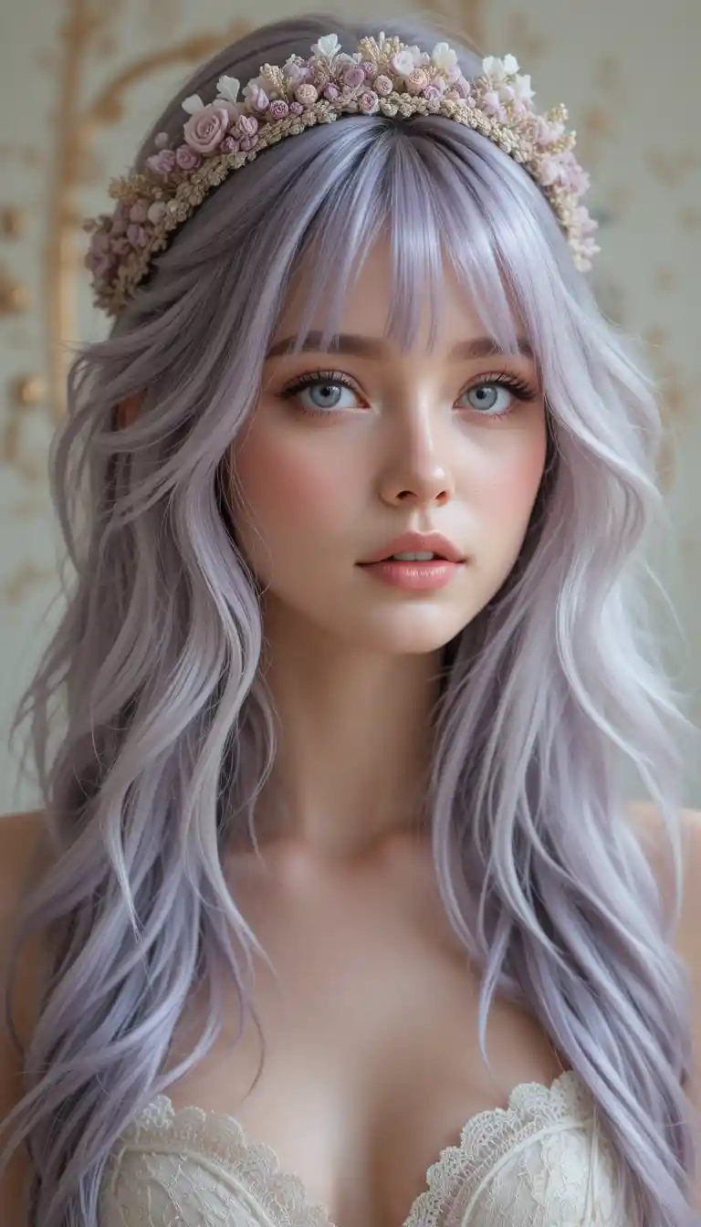 Dreamy close up portrait of a girl with lilac hair