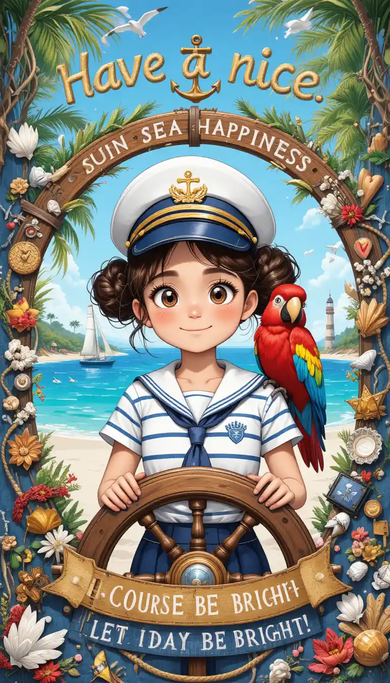 Smiling nautical girl at ship wheel with tropical beach