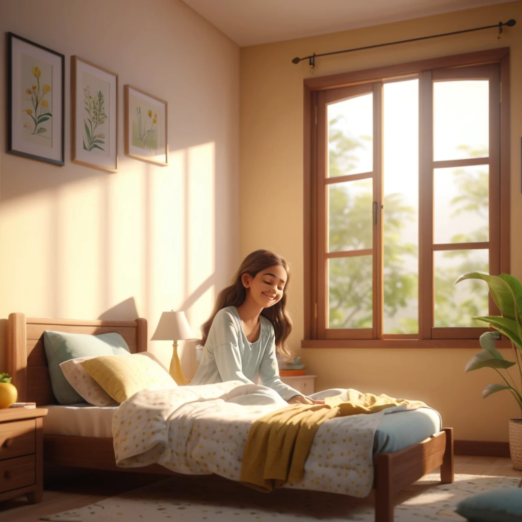 Young girl waking up in a cozy sunlit bedroom