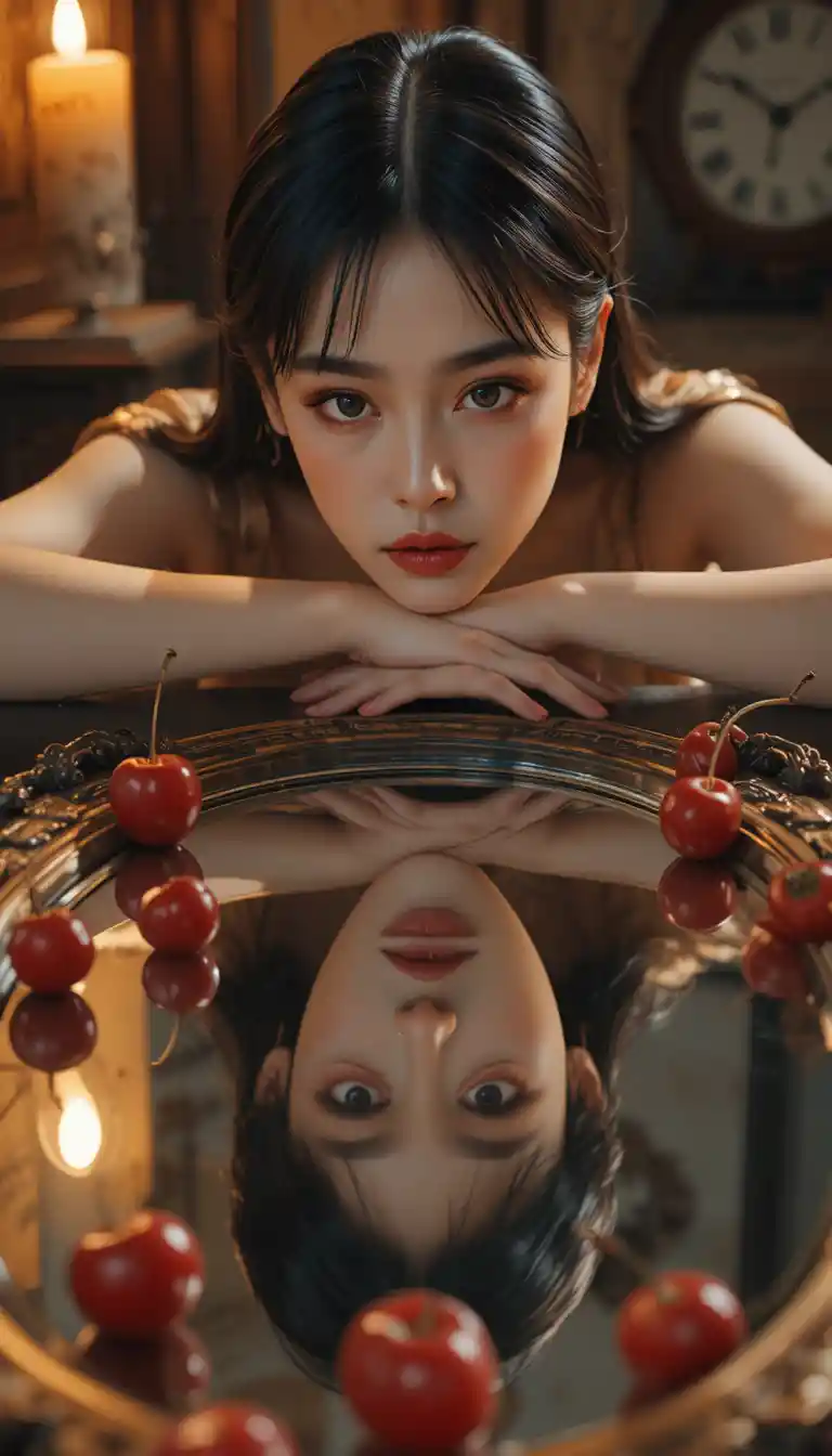 Cinematic portrait of a woman with cherries and mirror