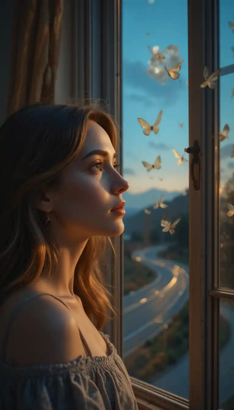 Thoughtful middle aged woman gazing out a twilight window