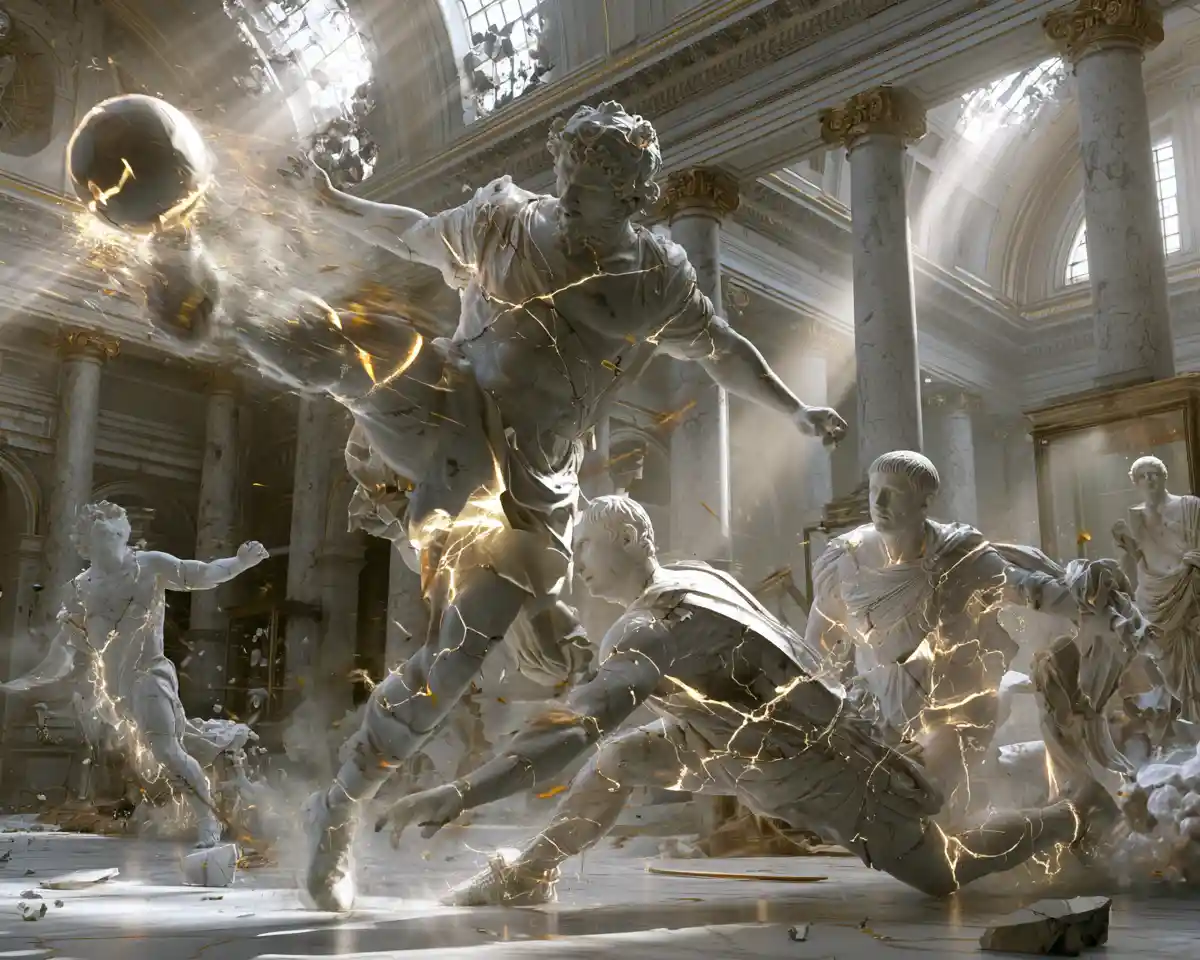Living marble statues play football in a grand museum hall