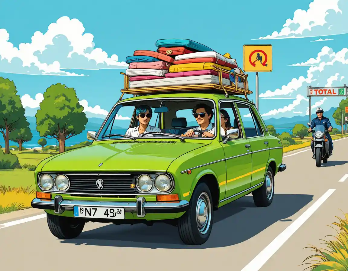 Vintage car couple driving on sunny holiday road