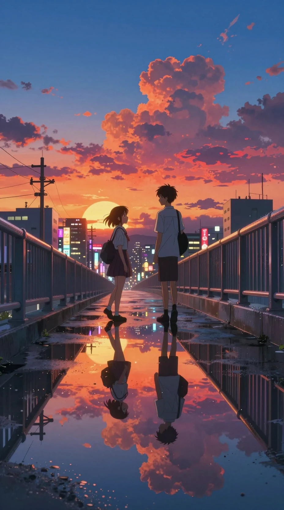 Estudiantes de anime cruzando un paso elevado urbano al atardecer