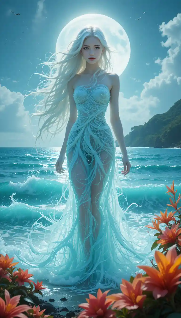 Platinum haired woman standing by a turquoise tropical shore