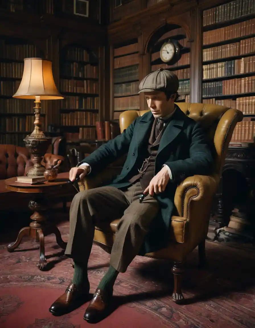 Man with pipe seated in armchair in victorian library