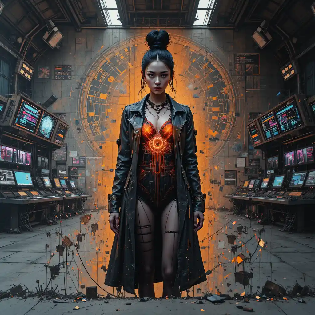 Cyber femme mural in abandoned orbital command center interior