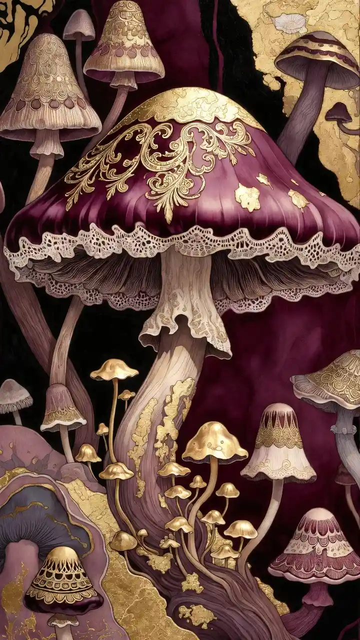 Whimsical queen of mushrooms on dark burgundy background