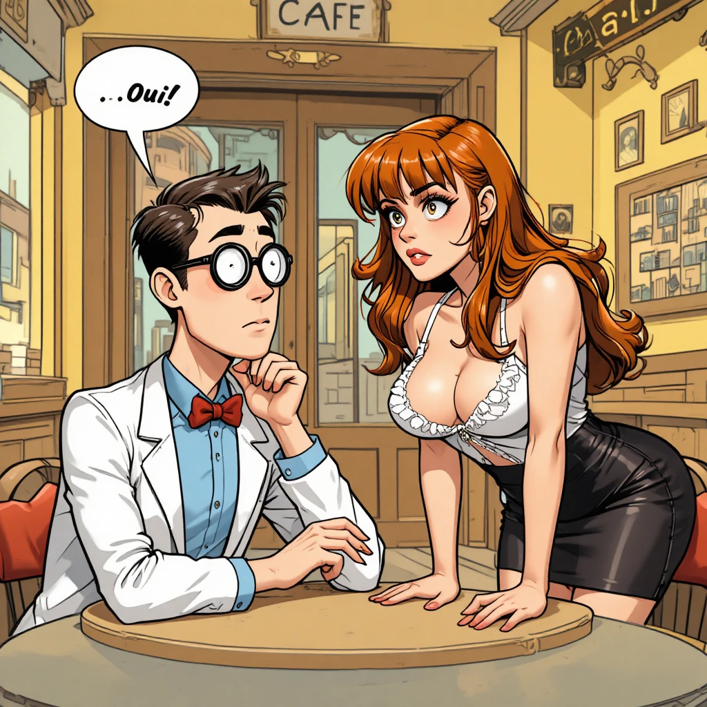 Flustered young man and confident woman in a cafe