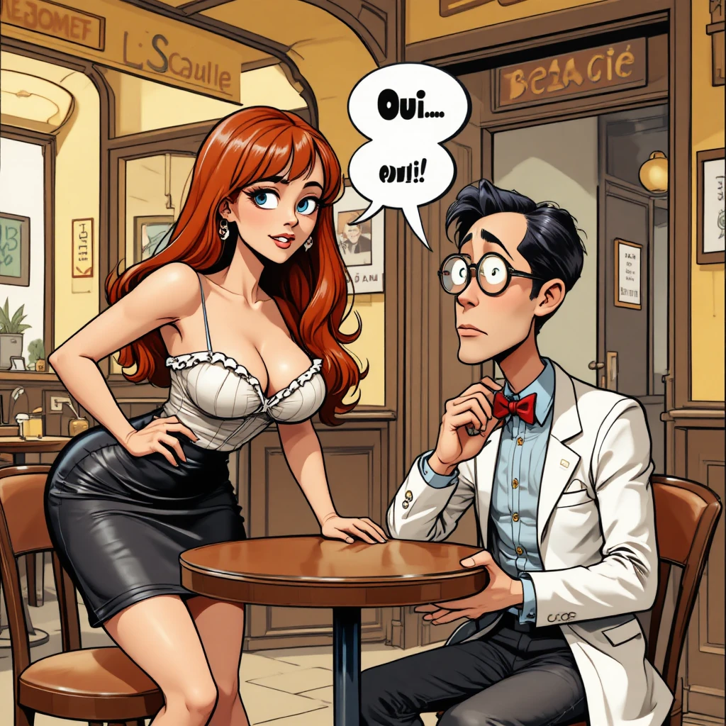Playful comic scene of a flustered scientist and flirtatious woman