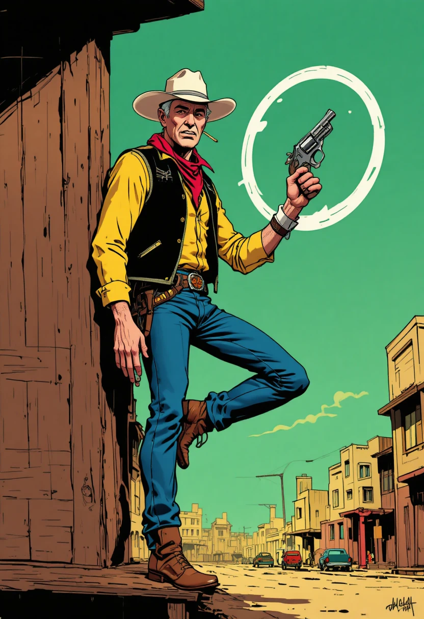 Cartoon cowboy leaning on wooden structure with revolver
