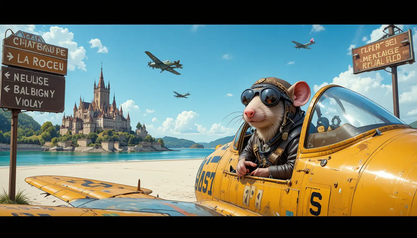 Anthropomorphic rat pilot in a vintage fighter cockpit