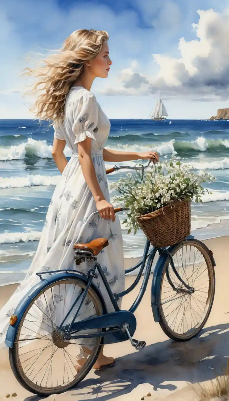 Woman with vintage bicycle on a serene summer beach