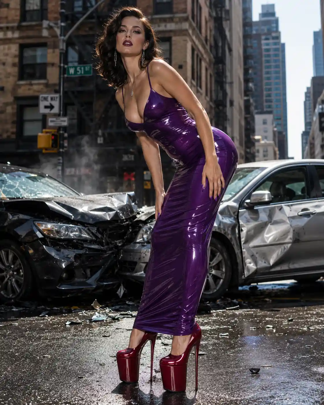 Tall woman in purple latex dress on city street