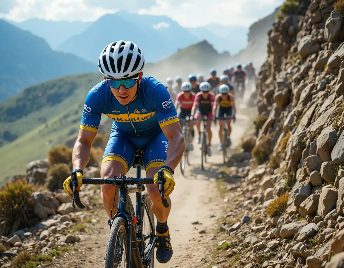 Chaotic cartoon bicycle race on a steep mountain trail
