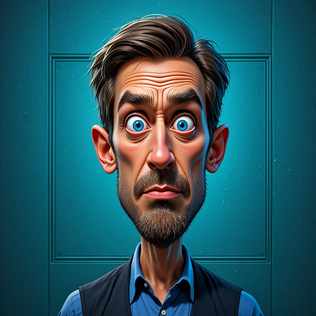 Intense caricature portrait of a cynical middle aged man