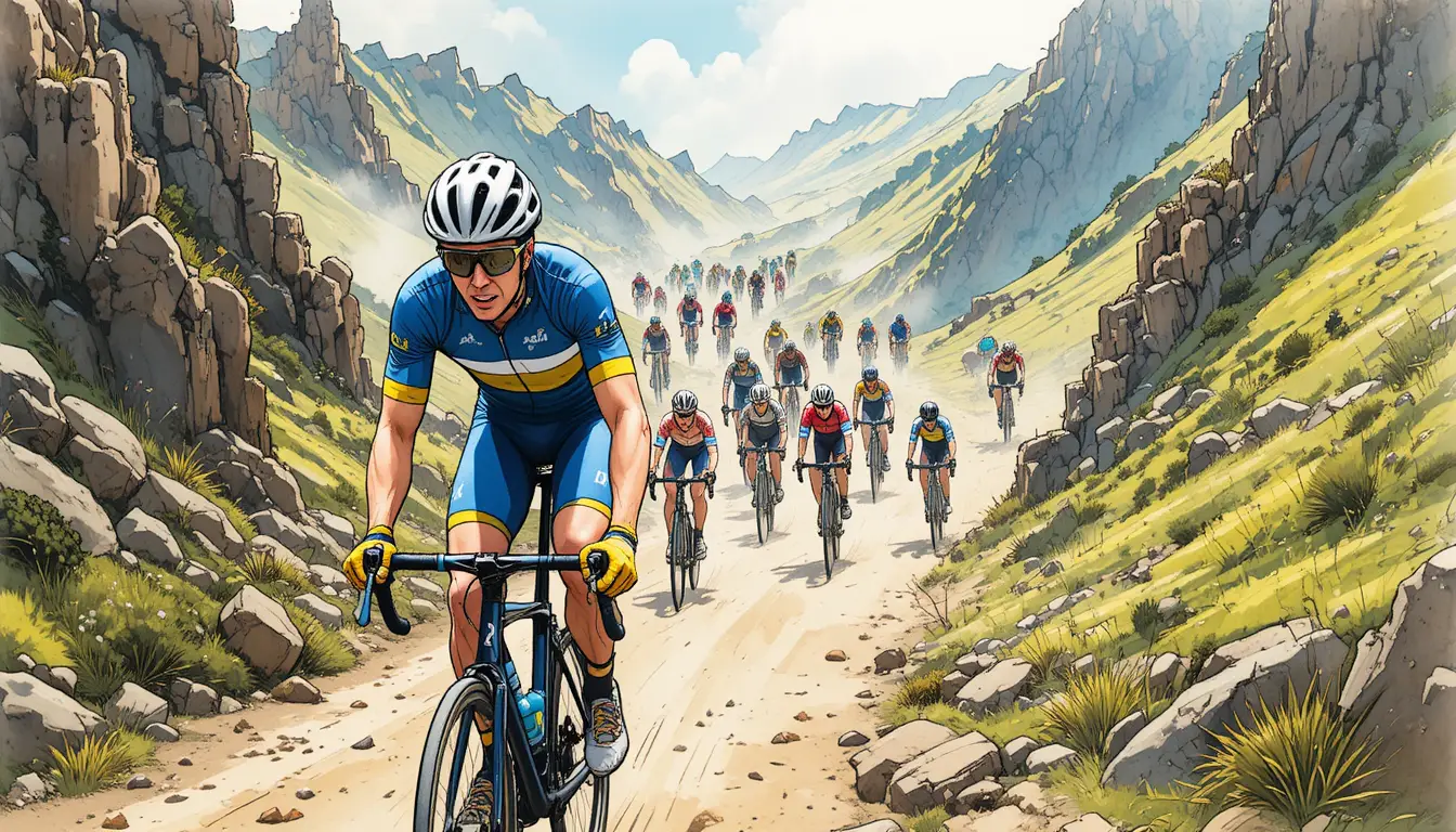 Cartoon Cyclist Racing On Dusty Mountain Path In Chaos